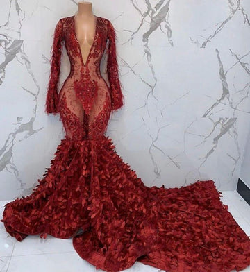 Black Girl Prom Dresses Sexy Deep V-neck Appliques Prom Dress | Feather Long Sleeve Mermaid Evening Gowns HZ1023